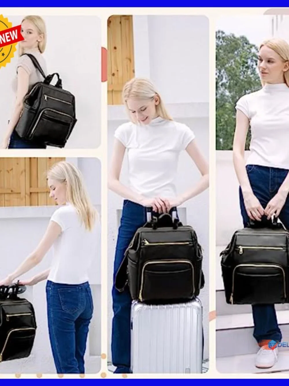 Large Leather Diaper Backpack with 18 Pockets, USB Port, Changing Pad